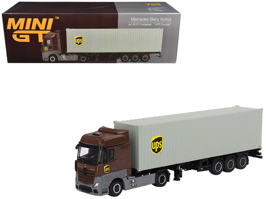 Mercedes-Benz Actros with 40' Container "UPS Europe" Brown and Gray 1/64 Diecast Model by Mini GT-DiecastModeler.com