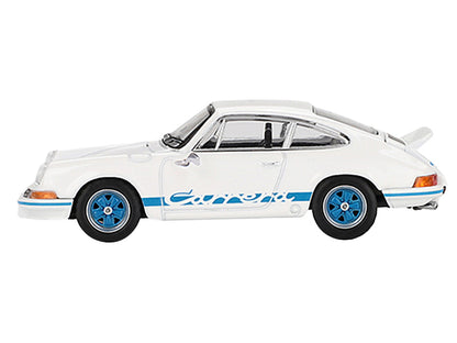 Porsche 911 Carrera RS 2.7 Grand Prix White with Blue Stripes and Wheels Limited Edition to 4800 pieces Worldwide 1/64 Diecast Model Car by Mini GT