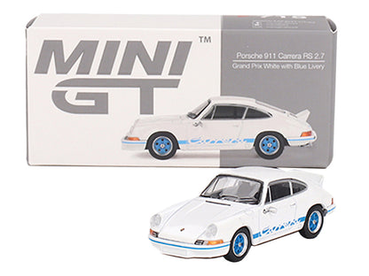 Porsche 911 Carrera RS 2.7 Grand Prix White with Blue Stripes and Wheels Limited Edition to 4800 pieces Worldwide 1/64 Diecast Model Car by Mini GT