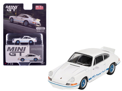 Porsche 911 Carrera RS 2.7 Grand Prix White with Blue Stripes and Wheels Limited Edition to 4800 pieces Worldwide 1/64 Diecast Model Car by Mini GT