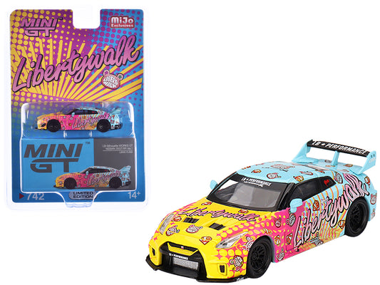 Nissan 35GT-RR Ver.1 "LB-Silhouette Works GT" Light Blue and Yellow with Graphics "LBWK KUMA" Limited Edition 1/64 Diecast Model Car by Mini GT-DiecastModeler.com
