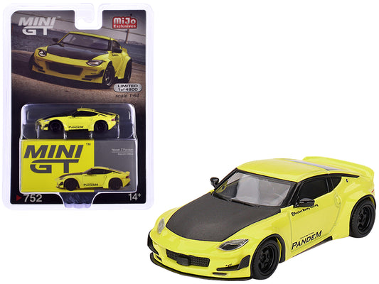 Nissan Z "Pandem" Ikazuchi Yellow with Carbon Hood Limited Edition to 4800 pieces Worldwide 1/64 Diecast Model Car by Mini GT-DiecastModeler.com