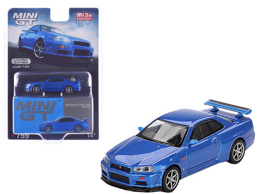 Nissan Skyline GT-R (R34) V-Spec RHD (Right Hand Drive) Bayside Blue Metallic Limited Edition 1/64 Diecast Model Car by Mini GT