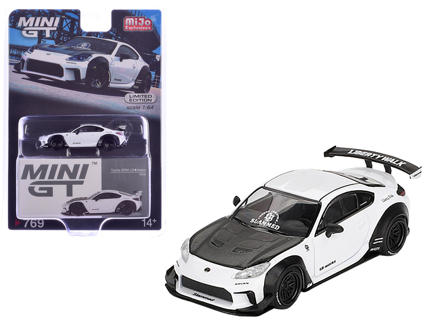 Toyota GR86 "LB-Nation - Liberty Walk" White with Carbon Hood Limited Edition 1/64 Diecast Model Car by Mini GT