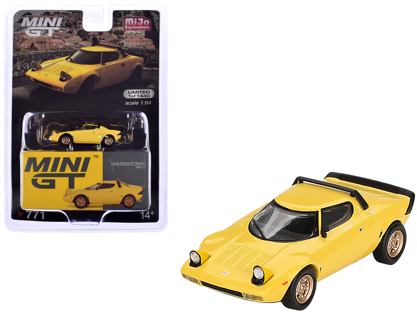Lancia Stratos HF Stradale Giallo Fly Yellow Limited Edition to 1440 pieces Worldwide 1/64 Diecast Model Car by Mini GT-DiecastModeler.com