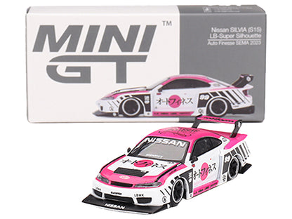 Nissan "LB-Super Silhouette" S15 SILVIA RHD (Right Hand Drive) #99 "Auto Finesse - SEMA 2023" White and Pink Limited Edition 1/64 Diecast Model Car by Mini GT-DiecastModeler.com