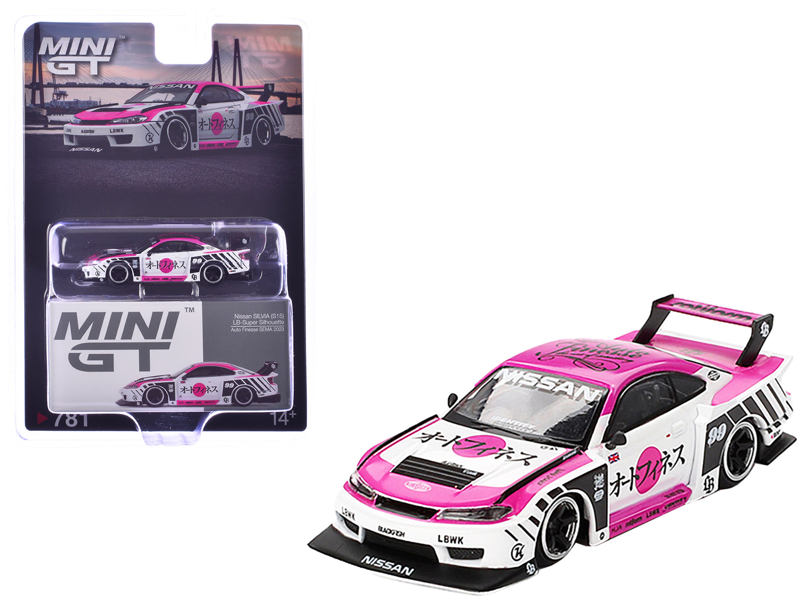 Nissan "LB-Super Silhouette" S15 SILVIA RHD (Right Hand Drive) #99 "Auto Finesse - SEMA 2023" White and Pink Limited Edition 1/64 Diecast Model Car by Mini GT-DiecastModeler.com
