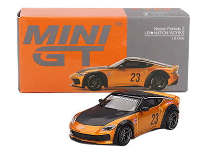 Nissan Fairlady Z #23 "LB-NATION WORKS" LB Gold Metallic with Matt Black Hood and Black Top Limited Edition 1/64 Diecast Model Car by Mini GT-DiecastModeler.com