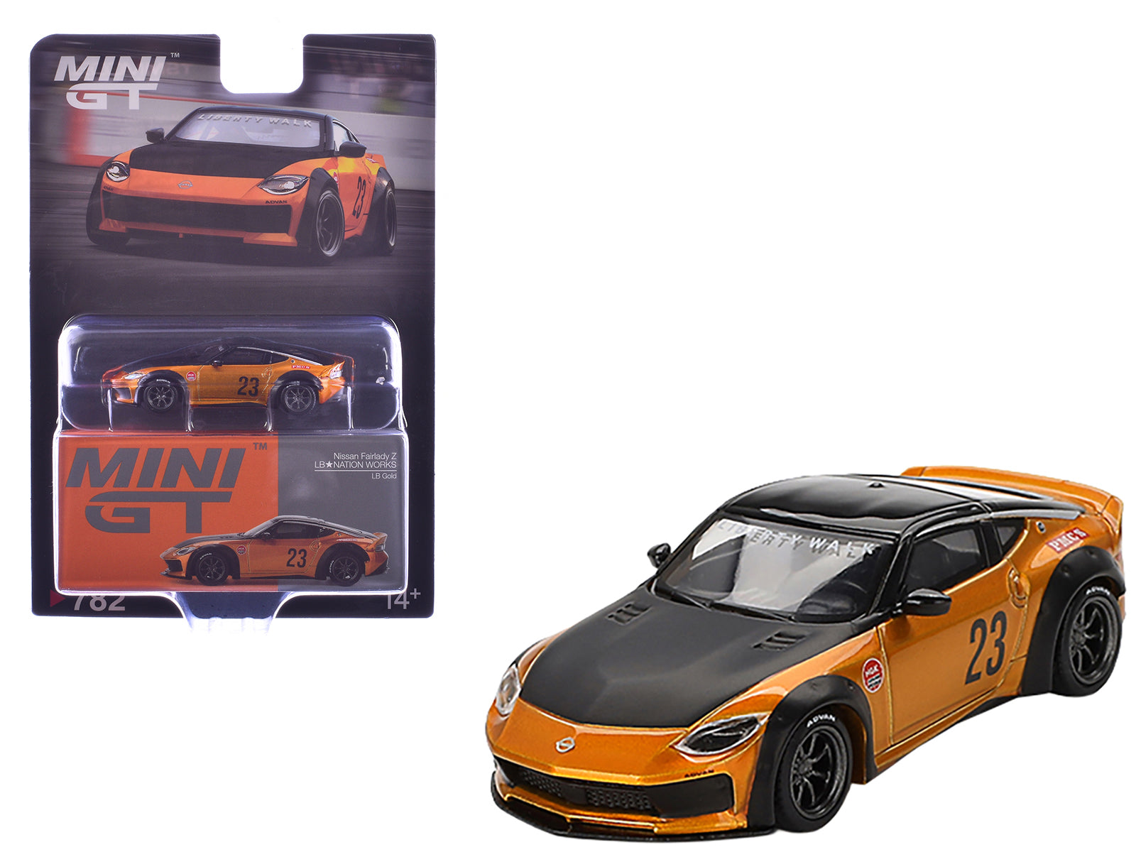 Nissan Fairlady Z #23 "LB-NATION WORKS" LB Gold Metallic with Matt Black Hood and Black Top Limited Edition 1/64 Diecast Model Car by Mini GT-DiecastModeler.com