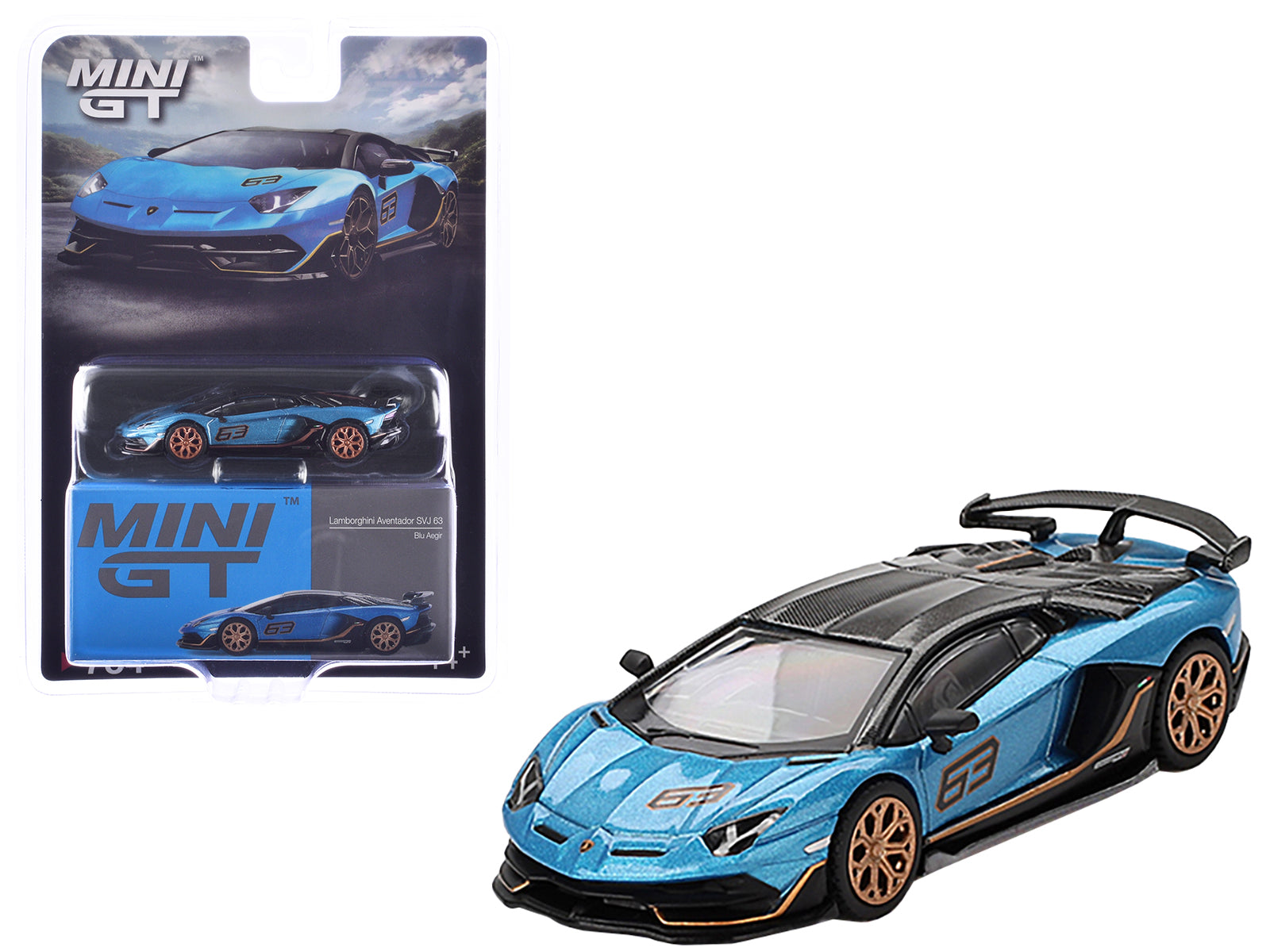 Lamborghini Aventador SVJ 63 Blu Aegir Blue Metallic with Carbon Top Limited Edition 1/64 Diecast Model Car by Mini GT-DiecastModeler.com