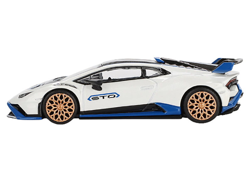 Lamborghini Huracan STO Bianco Asopo White with Black Top and Blue Accents Limited Edition 1/64 Diecast Model Car by Mini GT