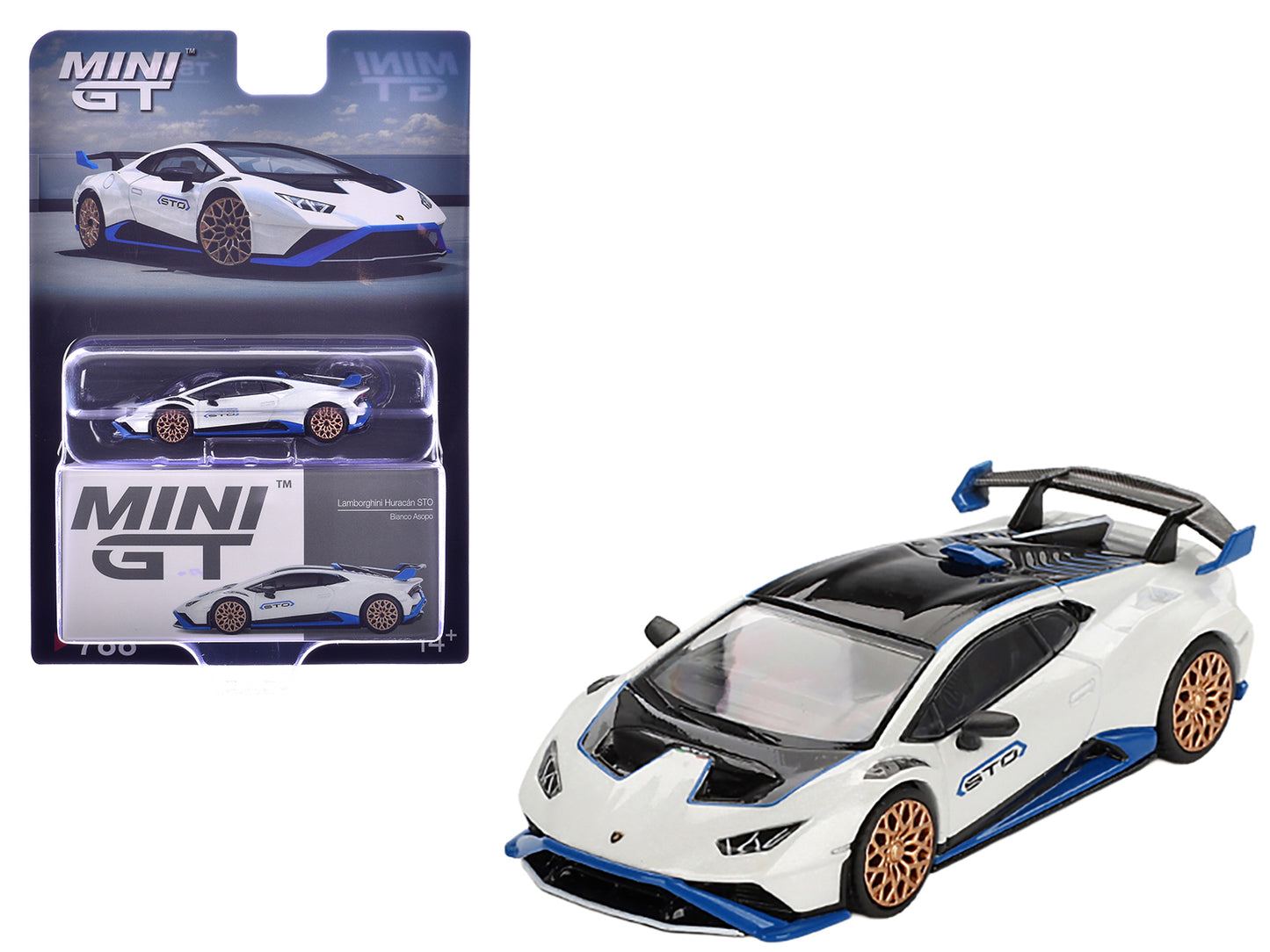 Lamborghini Huracan STO Bianco Asopo White with Black Top and Blue Accents Limited Edition 1/64 Diecast Model Car by Mini GT-DiecastModeler.com