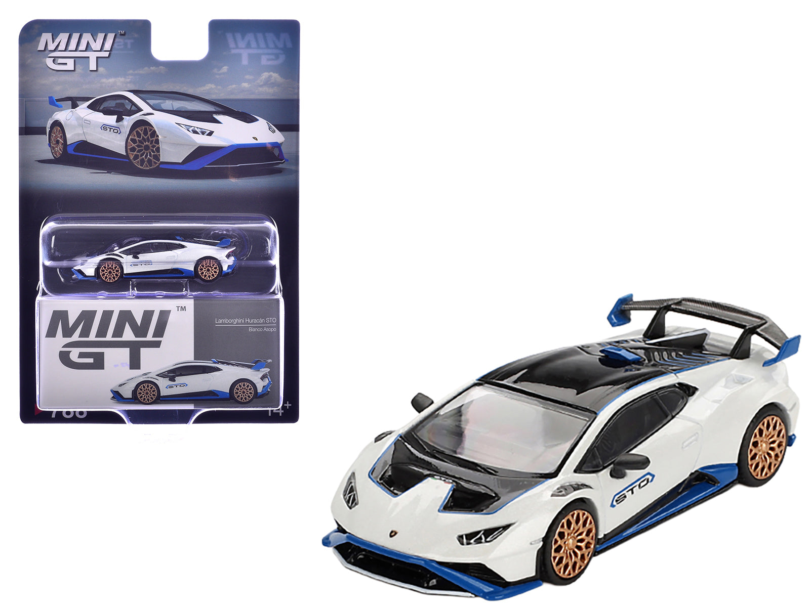 Lamborghini Huracan STO Bianco Asopo White with Black Top and Blue Accents Limited Edition 1/64 Diecast Model Car by Mini GT-DiecastModeler.com