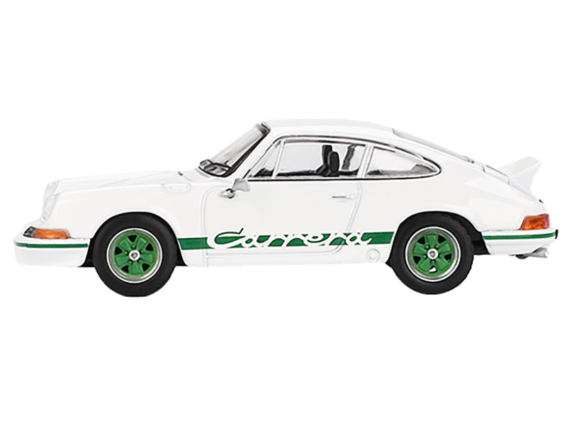 Porsche 911 Carrera RS 2.7 Grand Prix White with Green Stripes and Wheels Limited Edition 1/64 Diecast Model Car by Mini GT-DiecastModeler.com