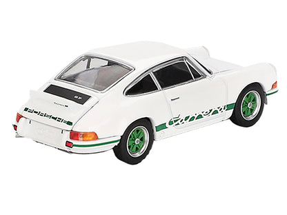 Porsche 911 Carrera RS 2.7 Grand Prix White with Green Stripes and Wheels Limited Edition 1/64 Diecast Model Car by Mini GT-DiecastModeler.com