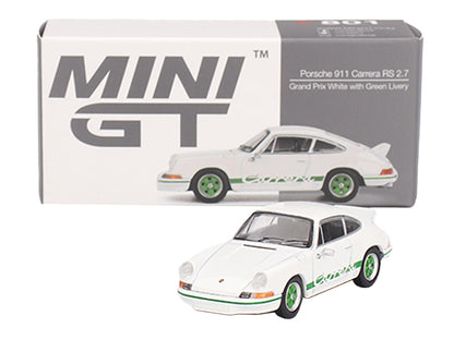 Porsche 911 Carrera RS 2.7 Grand Prix White with Green Stripes and Wheels Limited Edition 1/64 Diecast Model Car by Mini GT-DiecastModeler.com