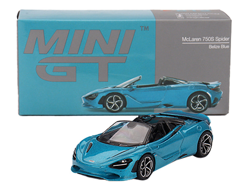 McLaren 750S Spider Belize Blue Metallic Limited Edition 1/64 Diecast Model Car by Mini GT-DiecastModeler.com