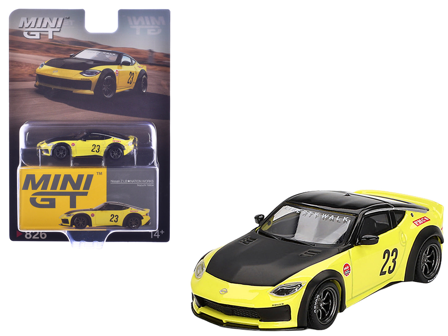 Nissan Z "LB-Nation Works" #23 Ikazuchi Yellow with Black Hood and Top Limited Edition 1/64 Diecast Model Car by Mini GT-DiecastModeler.com