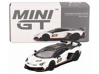 Lamborghini Aventador SVJ 63 Bianco Asopo White with Carbon Top Limited Edition 1/64 Diecast Model Car by Mini GT