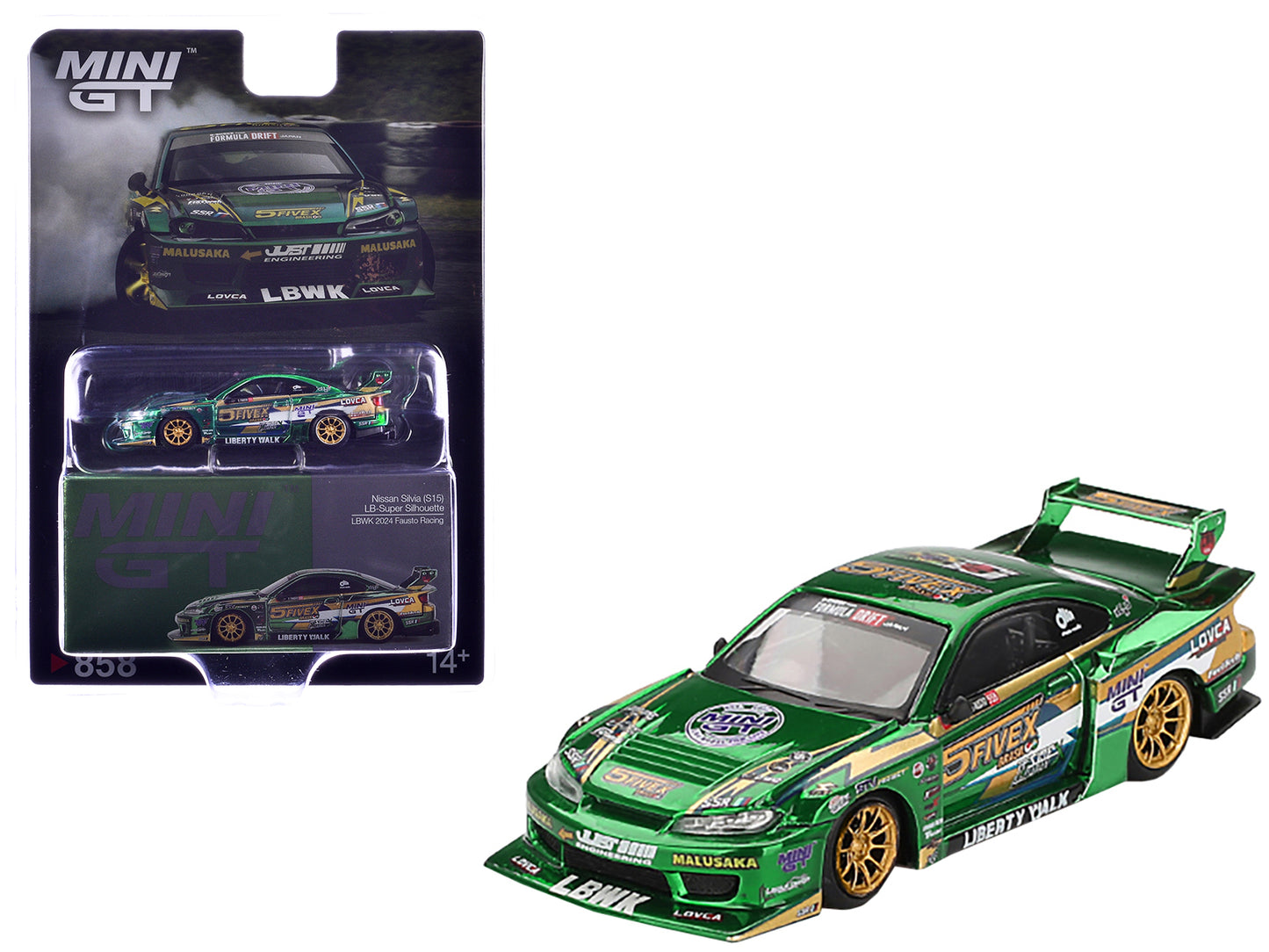 Nissan Silvia (S15) LB-Super Silhouette RHD (Right Hand Drive) "Fausto Racing 2024" Green Metallic Limited Edition 1/64 Diecast Model Car by Mini GT