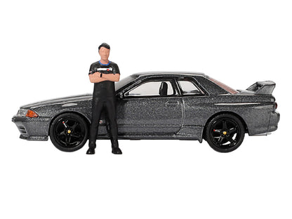 Nissan Skyline GT-R (R32) RHD (Right Hand Drive) Gunmetal Gray Metallic with Tsugio Matsuda Figure Limited Edition 1/64 Diecast Model Car by Mini GT-DiecastModeler.com