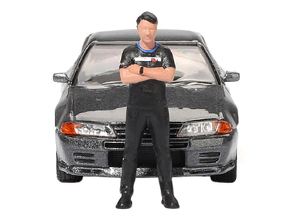 Nissan Skyline GT-R (R32) RHD (Right Hand Drive) Gunmetal Gray Metallic with Tsugio Matsuda Figure Limited Edition 1/64 Diecast Model Car by Mini GT-DiecastModeler.com