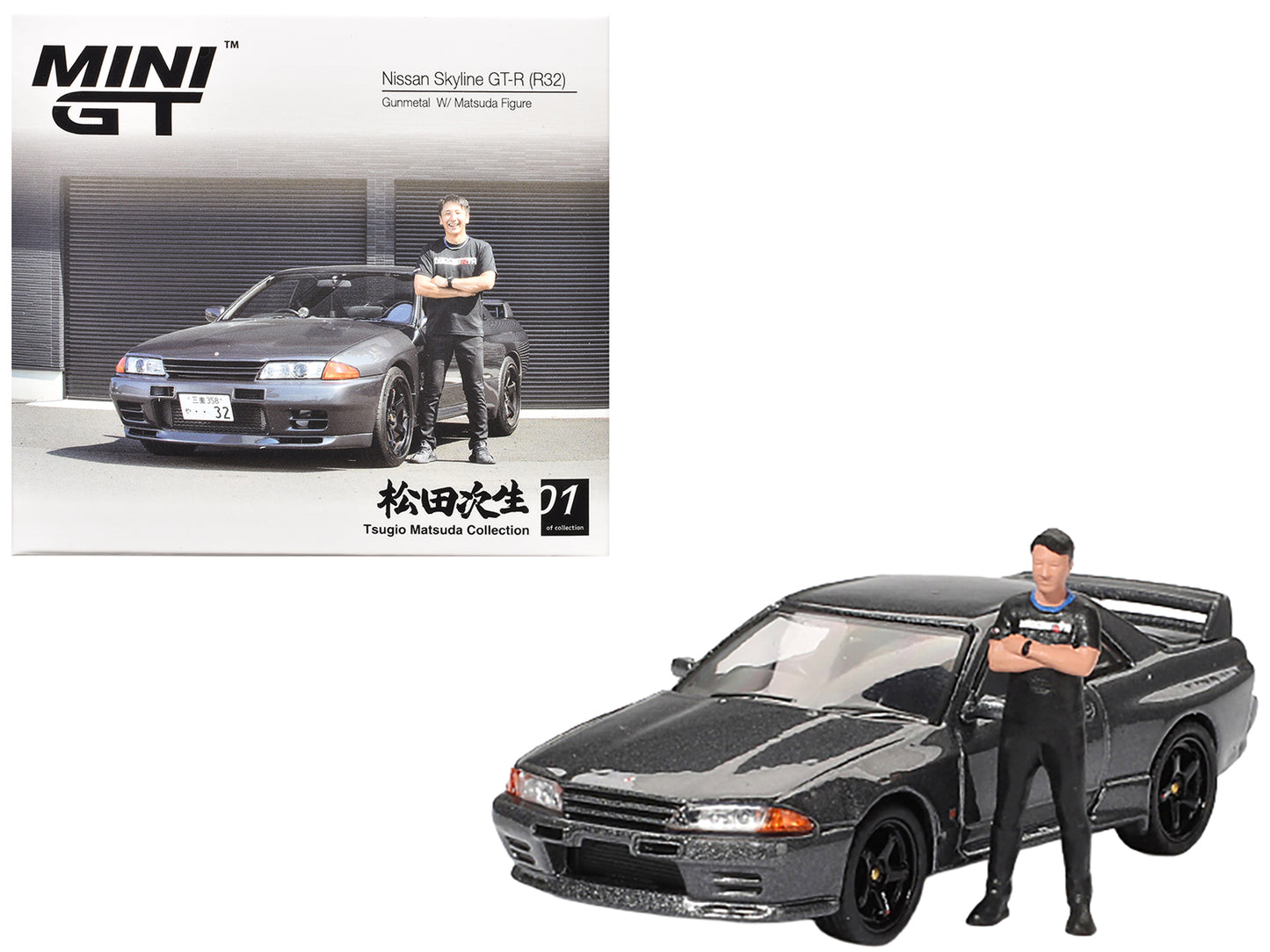 Nissan Skyline GT-R (R32) RHD (Right Hand Drive) Gunmetal Gray Metallic with Tsugio Matsuda Figure Limited Edition 1/64 Diecast Model Car by Mini GT-DiecastModeler.com