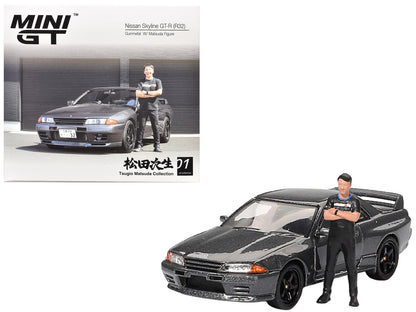 Nissan Skyline GT-R (R32) RHD (Right Hand Drive) Gunmetal Gray Metallic with Tsugio Matsuda Figure Limited Edition 1/64 Diecast Model Car by Mini GT-DiecastModeler.com