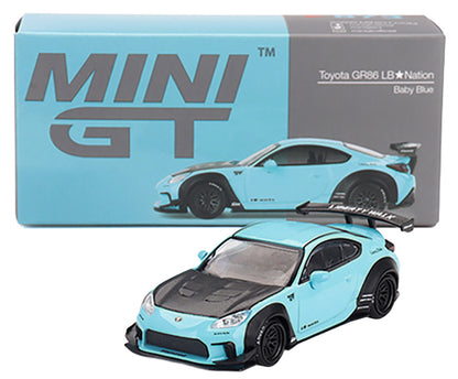 Toyota GR86 "LB-Nation - Liberty Walk" Baby Blue with Carbon Hood Limited Edition 1/64 Diecast Model Car by Mini GT