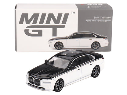 BMW i7 xDrive60 Dravit Alpine White and Black Sapphire Limited Edition 1/64 Diecast Model Car by Mini GT