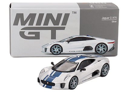 Jaguar C-X75 Silver Metallic with Blue Stripes Limited Edition 1/64 Diecast Model Car by Mini GT