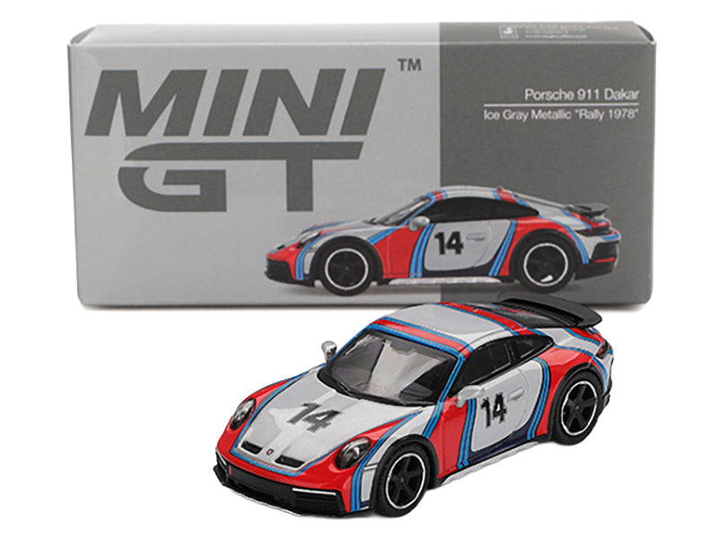 Porsche 911 Dakar #14 "Rally 1978" Ice Gray Metallic Limited Edition 1/64 Diecast Model Car by Mini GT-DiecastModeler.com