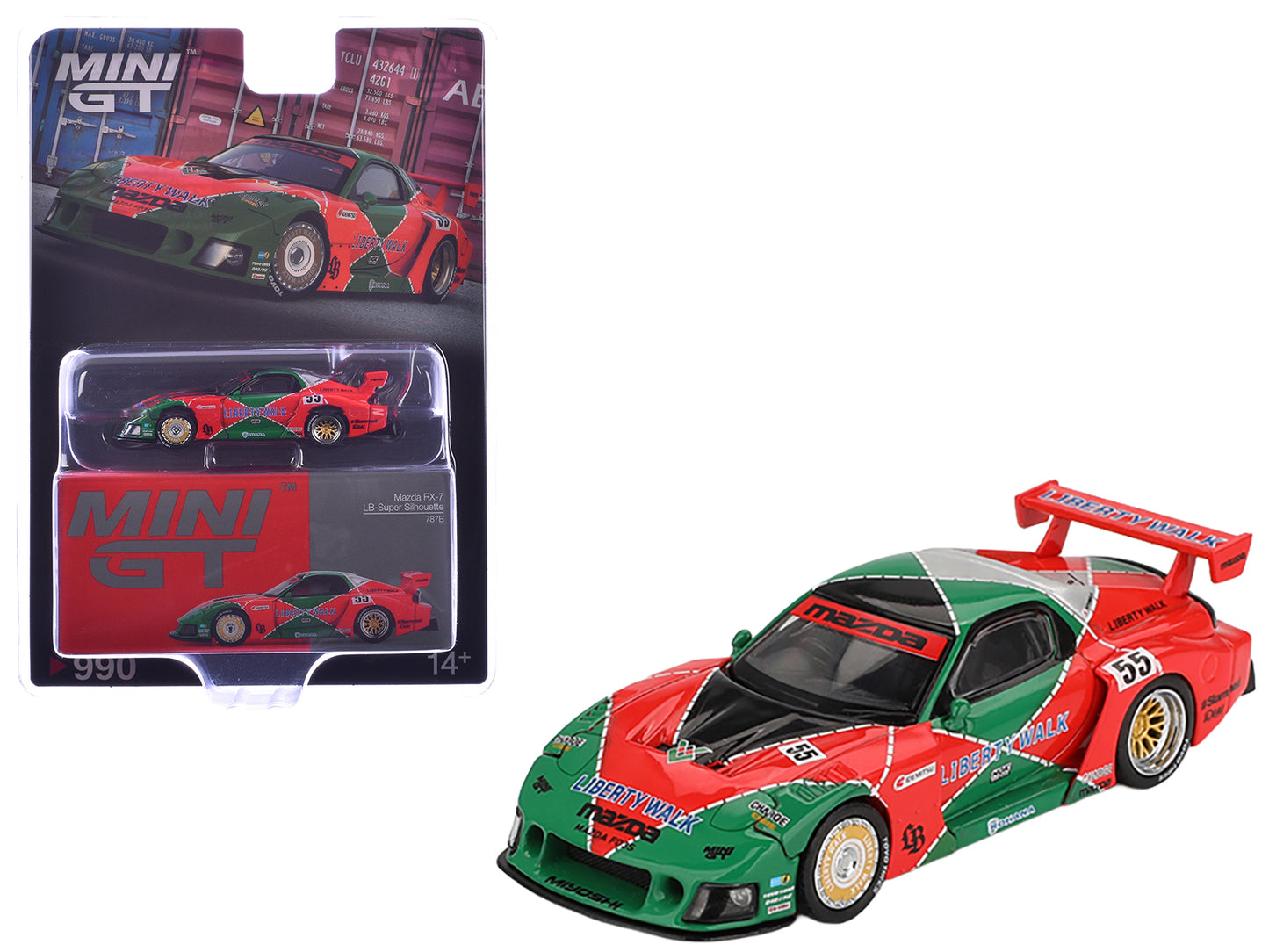 Mazda RX-7 LB-Super Silhouette RHD (Right Hand Drive) #55 "787B Tribute" Red and Green Limited Edition 1/64 Diecast Model Car by Mini GT
