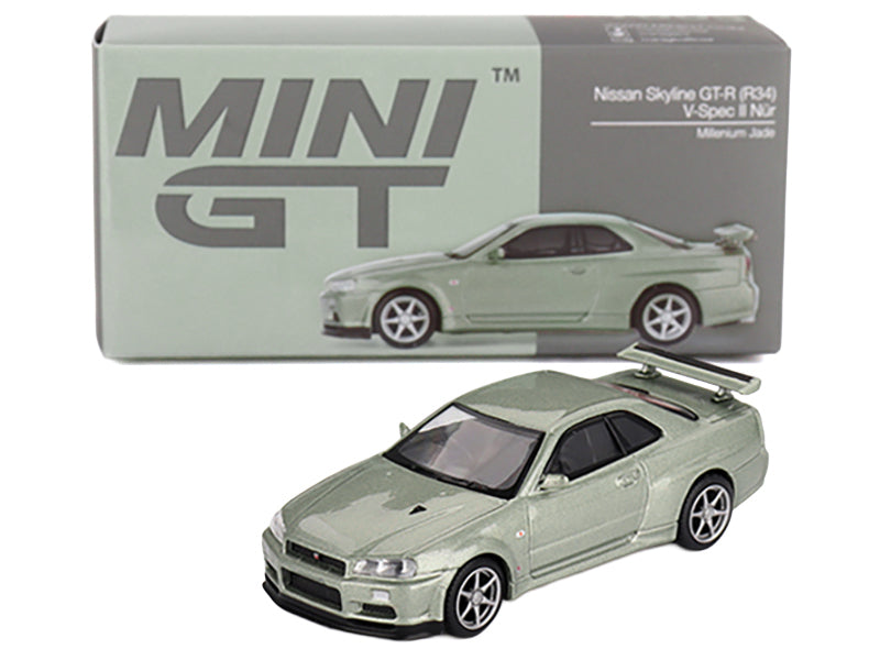 Nissan Skyline GT-R (R34) V-Spec II Nur RHD (Right Hand Drive) Millenium Jade Metallic Limited Edition 1/64 Diecast Model Car by Mini GT-DiecastModeler.com
