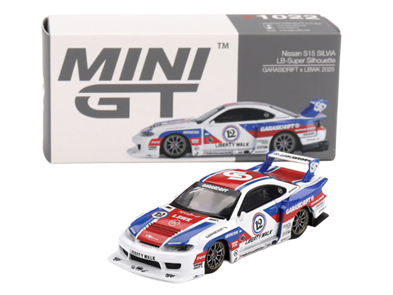 Nissan "LB-Super Silhouette" S15 SILVIA RHD (Right Hand Drive) "GARASIDRIFT x LBWK 2025" White with Blue and Red Stripes Limited Edition 1/64 Diecast Model Car by Mini GT