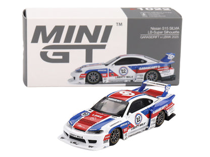 Nissan "LB-Super Silhouette" S15 SILVIA RHD (Right Hand Drive) "GARASIDRIFT x LBWK 2025" White with Blue and Red Stripes Limited Edition 1/64 Diecast Model Car by Mini GT