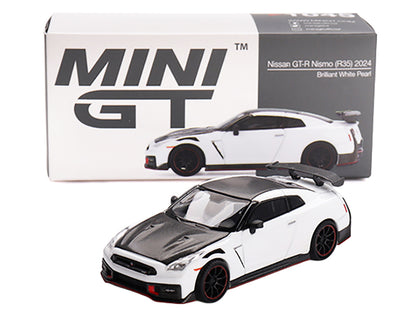 2024 Nissan GT-R Nismo (R35) Brilliant White Pearl with Carbon Hood and Top Limited Edition 1/64 Diecast Model Car by Mini GT