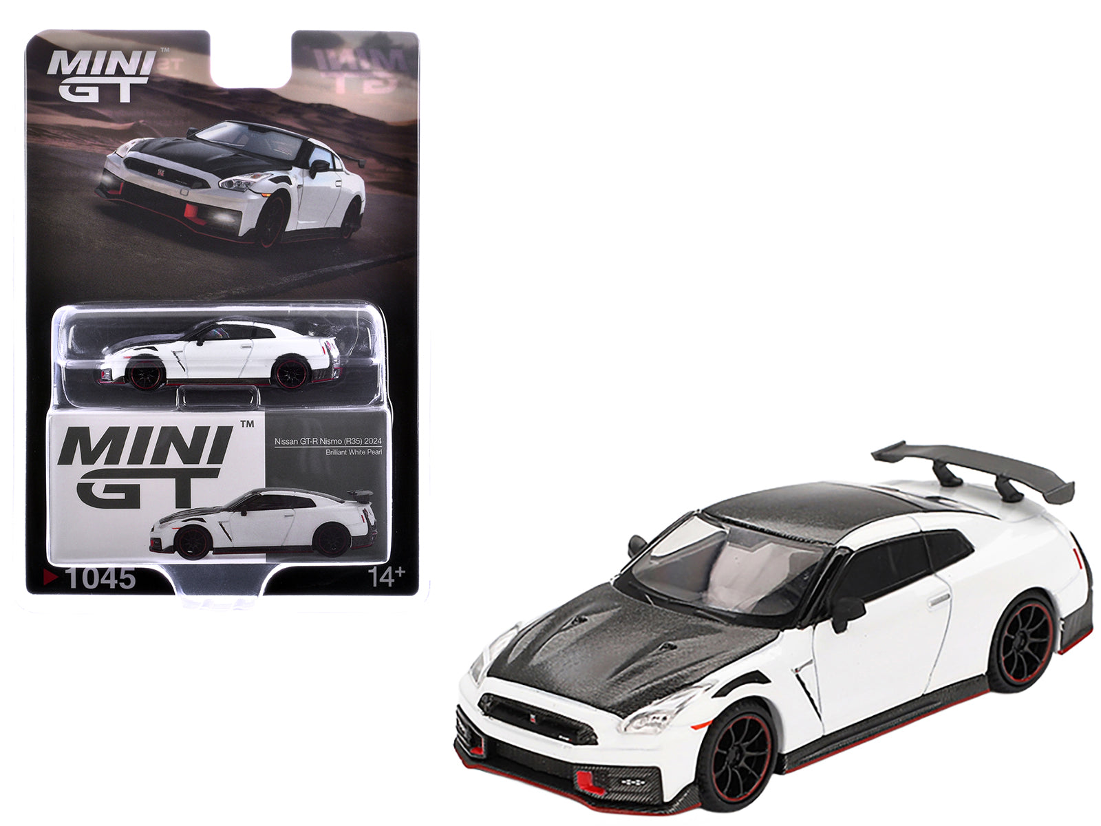 2024 Nissan GT-R Nismo (R35) Brilliant White Pearl with Carbon Hood and Top Limited Edition 1/64 Diecast Model Car by Mini GT-DiecastModeler.com