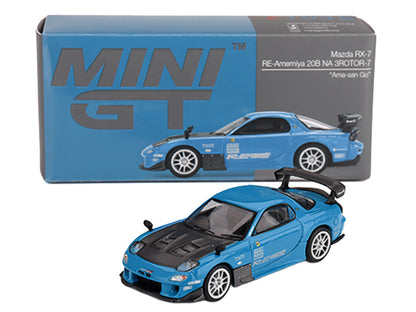 Mazda RX-7 RE-Amemiya 20B NA 3ROTOR-7 RHD (Right Hand Drive) "Ama-san Go" Blue with Carbon Hood Limited Edition 1/64 Diecast Model Car by Mini GT