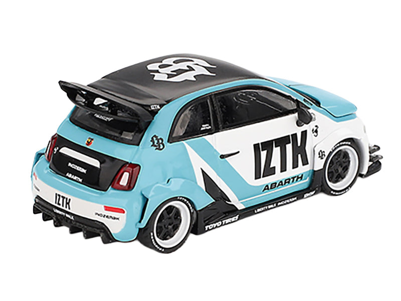 ABARTH 595 "LB-Works x Abas Works - IZTK" Light Blue and White with Black Top Limited Edition 1/64 Diecast Model Car by Mini GT