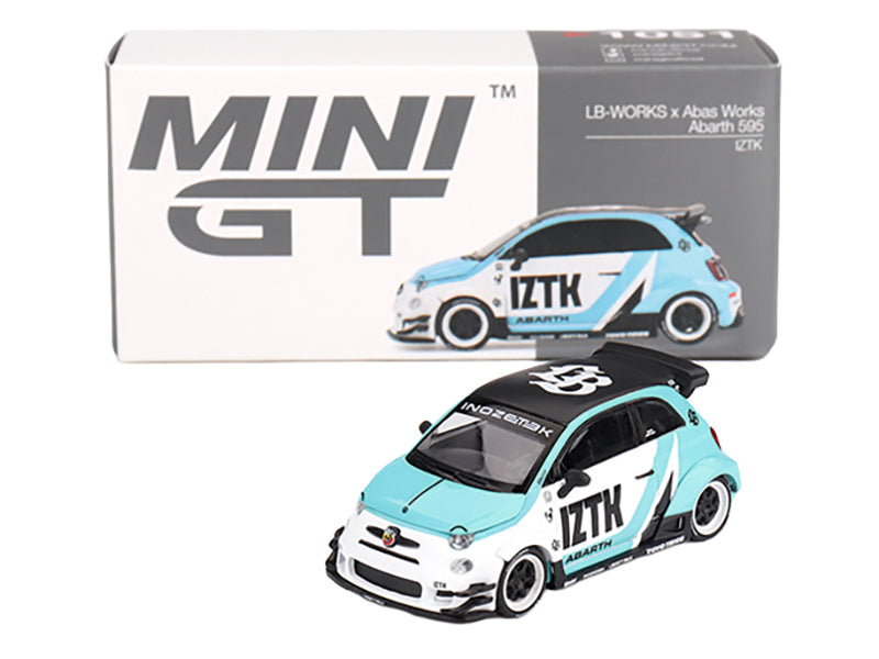 ABARTH 595 "LB-Works x Abas Works - IZTK" Light Blue and White with Black Top Limited Edition 1/64 Diecast Model Car by Mini GT