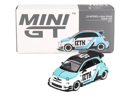 ABARTH 595 "LB-Works x Abas Works - IZTK" Light Blue and White with Black Top Limited Edition 1/64 Diecast Model Car by Mini GT