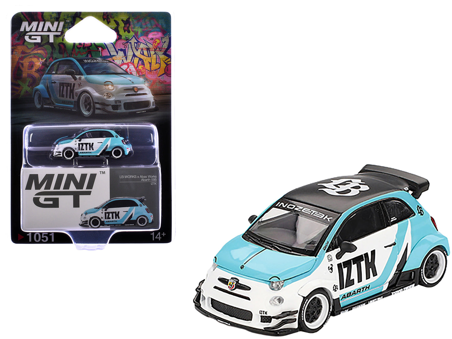 ABARTH 595 "LB-Works x Abas Works - IZTK" Light Blue and White with Black Top Limited Edition 1/64 Diecast Model Car by Mini GT