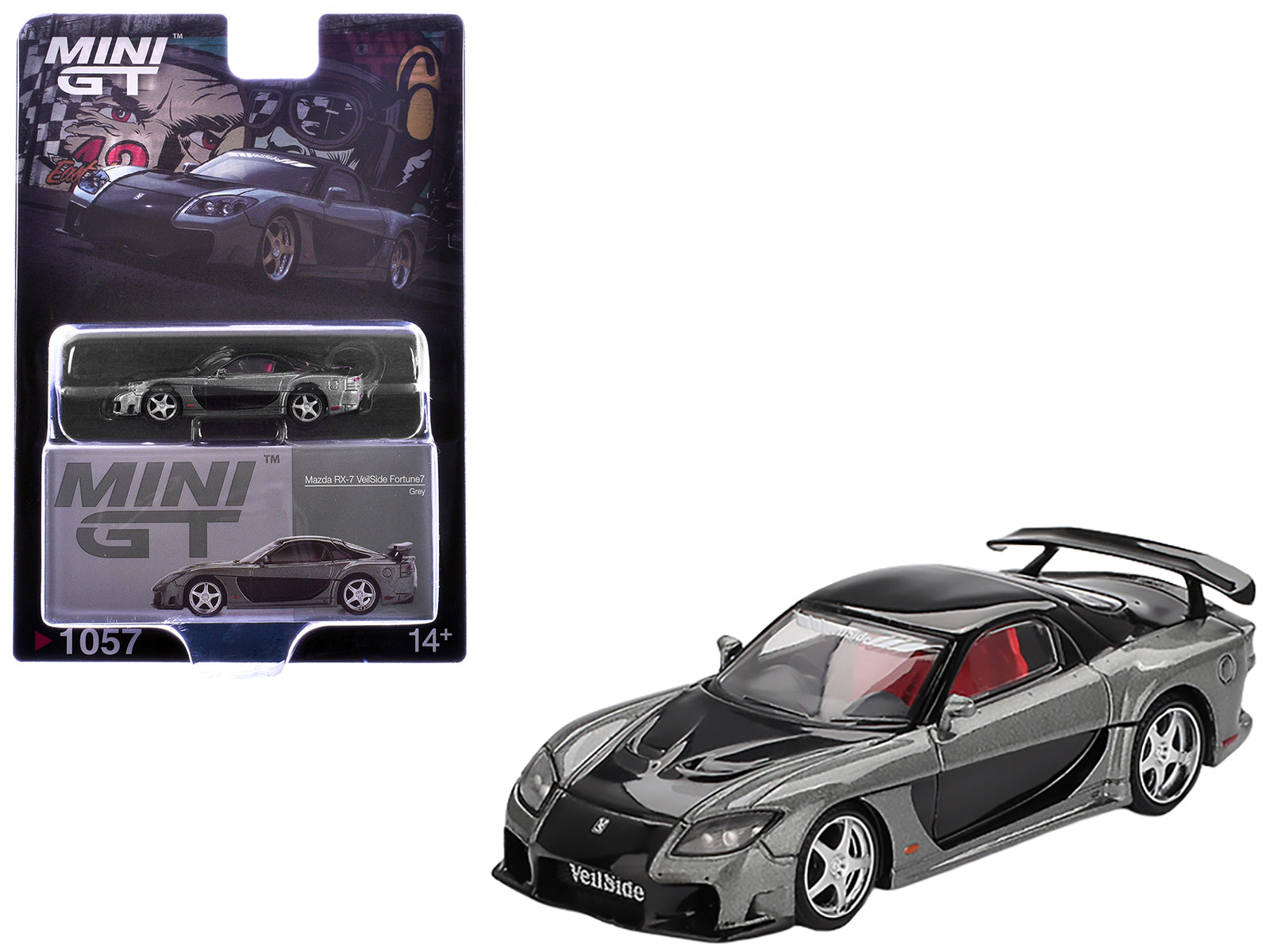 Mazda RX-7 "VeilSide Fortune7" Gray Metallic and Black with Red Interior Limited Edition 1/64 Diecast Model Car by Mini GT-DiecastModeler.com