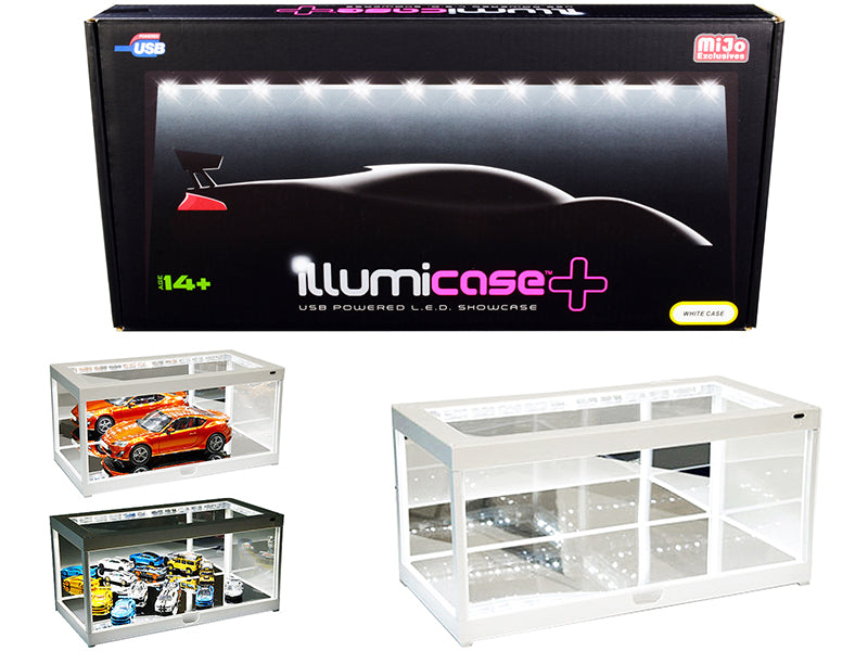 White Collectible Display Show Case Illumicase+ with LED Lights and Mirror Base and Back for 1/64 1/43 1/32 1/24 1/18 Scale Models by Illumibox-DiecastModeler.com