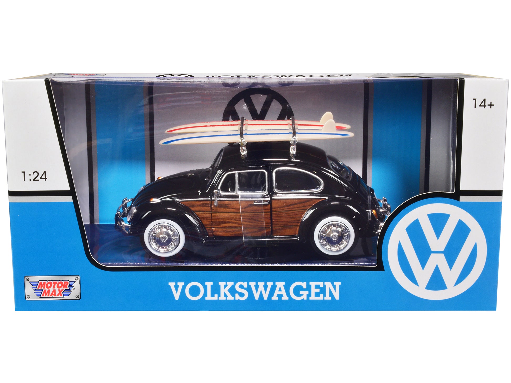 1966 Volkswagen Beetle Black with Wood Panels and Two Surfboards on Roof Rack 1/24 Diecast Model Car by Motormax-DiecastModeler.com