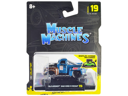 1949 Ford F1 Pickup Truck #128 "Old Smokey" Blue and Brown (Weathered) 1/64 Diecast Model Car by Muscle Machines-DiecastModeler.com