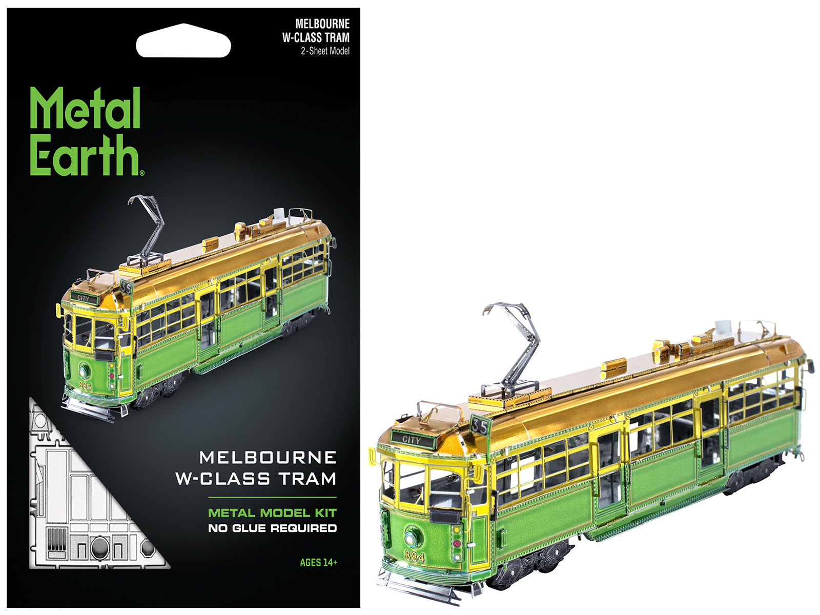 Model Kit Melbourne W-class Tram Green and Gold (Moderate Difficulty) Steel Model by Metal Earth-DiecastModeler.com