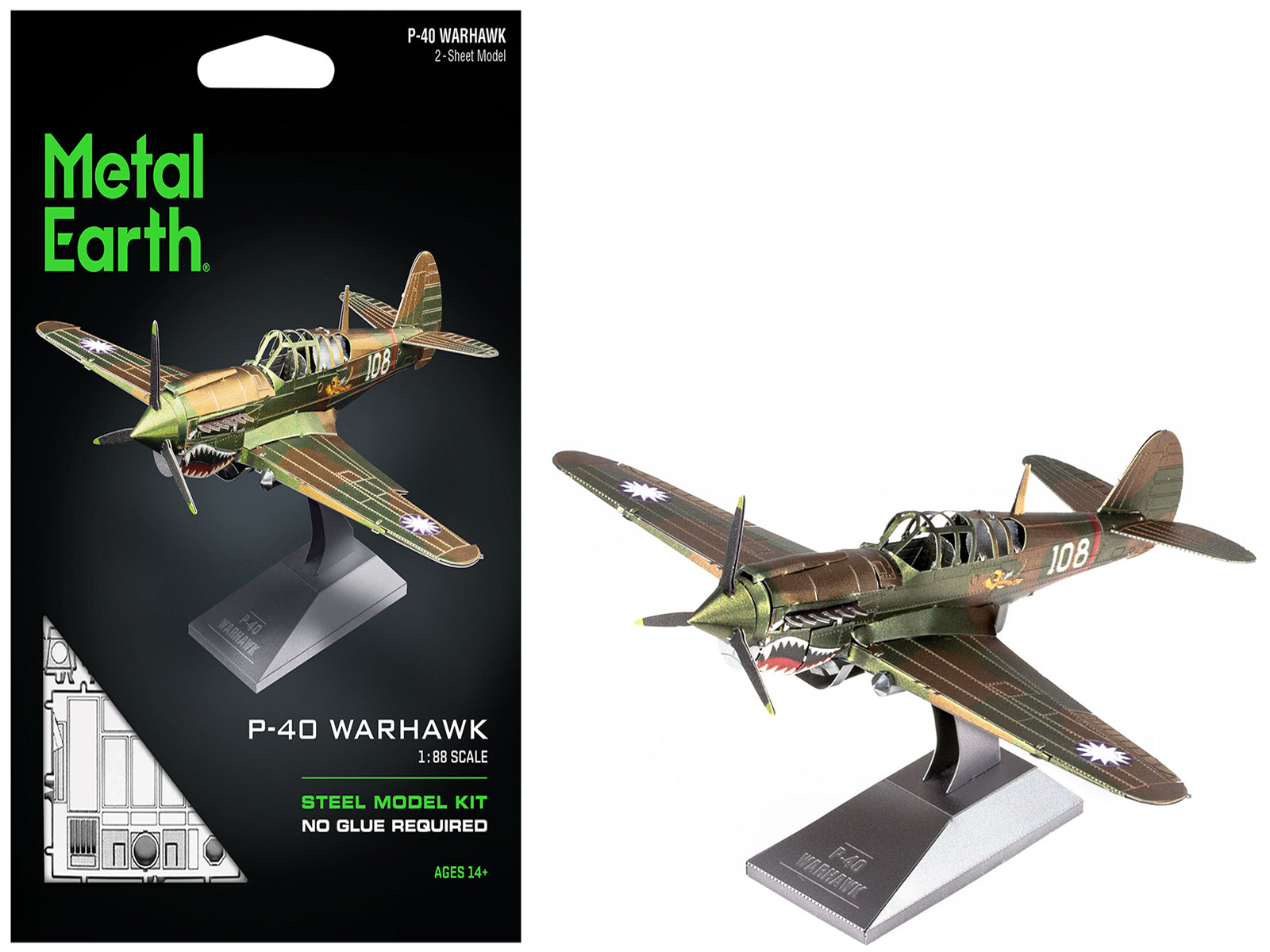 Model Kit Curtiss P-40 Warhawk Fighter-Bomber Aircraft "American Volunteer Group (AVG) Chinese Air Force" (Moderate Difficulty) Steel Model by Metal Earth-DiecastModeler.com
