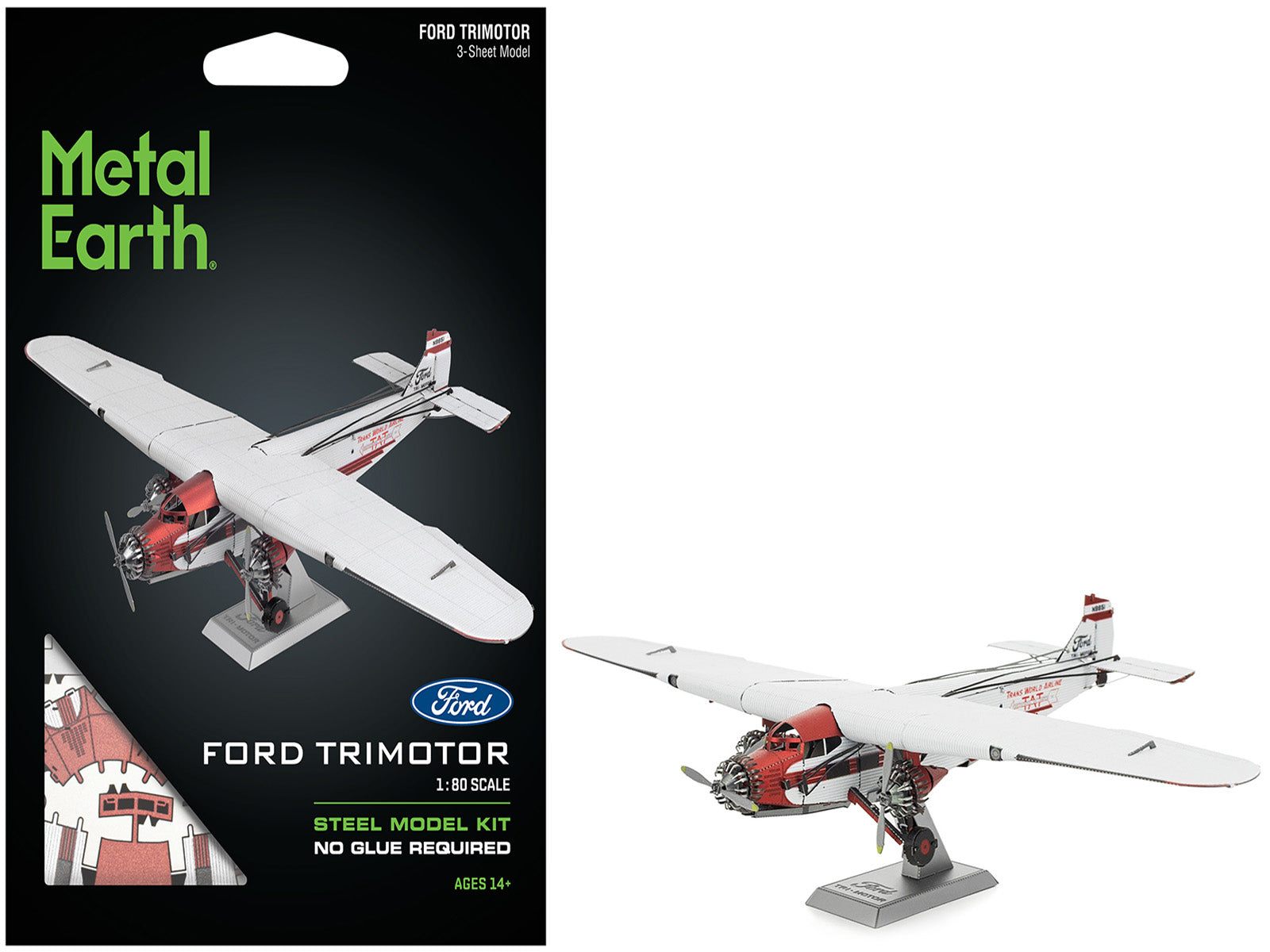 Model Kit Ford Trimotor Transport Aircraft White and Red (Moderate Difficulty) Steel Model by Metal Earth-DiecastModeler.com